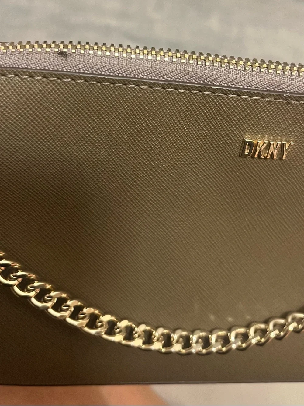 DKNY Taupe Crossbody Shoulder Bag with Gold Chain Detail